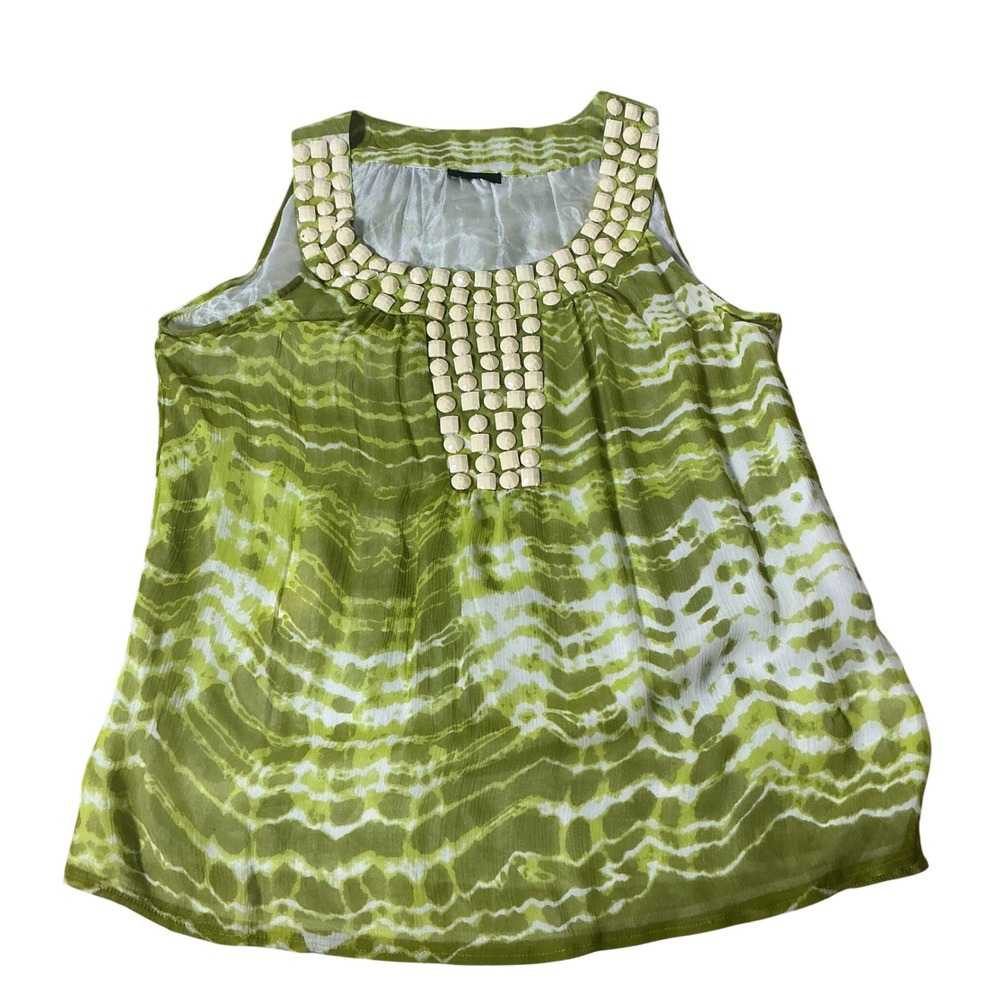 Silk Tie Dye Embellished Tank Top Womens M Green Studded Bib Blouse 6096